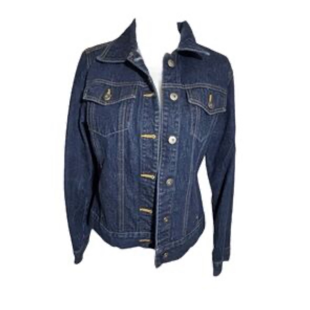 Armor Jeans Blue Denim Jacket Ladies Medium Dark Wash Button Front.